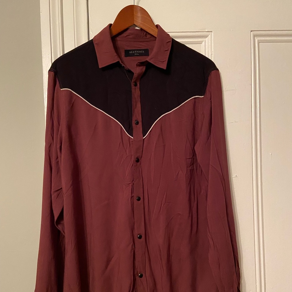 All Saints‎ Burgundy and Black Casual Button Down Shirt - Picture 2 of 3